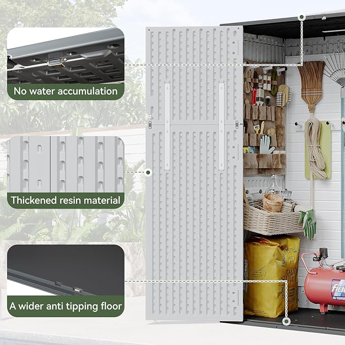 Aoxun Outdoor Storage Shed with Floor, 61 Cu.Ft Large Outdoor Storage Cabinet, Waterproof Vertical Resin Shed for Garden Tools, Pool Equipment, Grey White