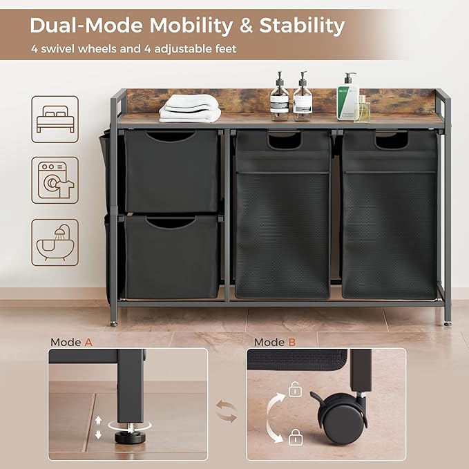 Laundry Sorter with 4 Sections, Laundry Hamper with Wheels, Laundry Basket with Small Side Pockets and Pull-Out Removable Liners,for Laundry Room Bedroom Bathroom (150L)