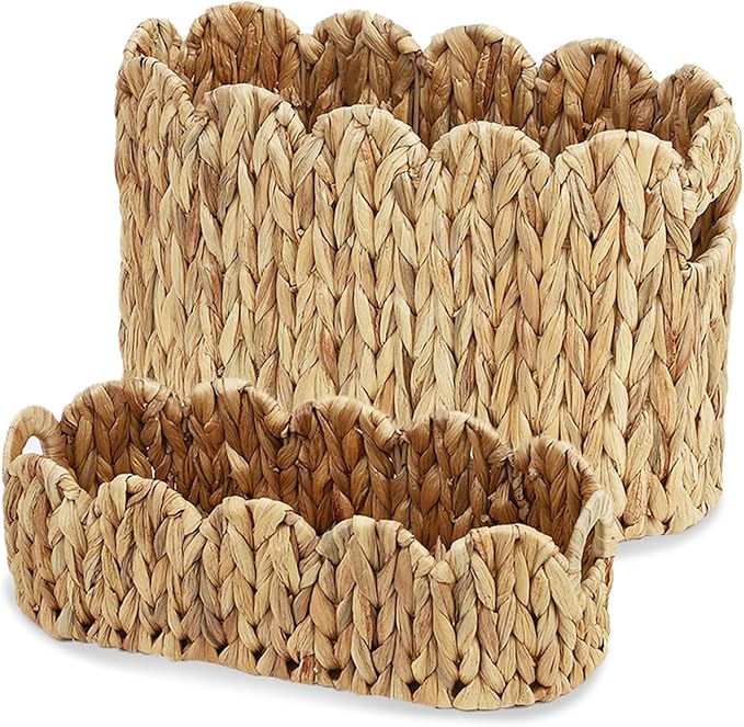 Garvee 2-Pack Scalloped Wicker Basket for Bathroom, Hand-Woven Rattan Toilet Paper Storage Basket with Built-in Handles, Small Decorative Organizer for Countertop, Shelf