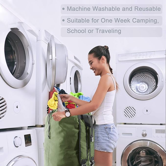 BeeGreen Moss Green Laundry Backpack Bag w Adjustable Shoulder Straps String Closure College Dorm Room Essentials Sturdy Laundry Hamper Portable w Handle XLarge Ripstop for Traveling