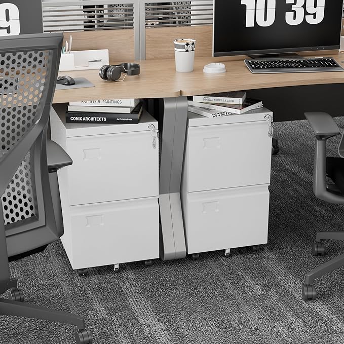 Aobabo 2 Drawer Filing Cabinet with Wheels, Lockable Metal File Cabinet with Business Card Slot for Legal/Letter Size Home Office, Required Assembled,White