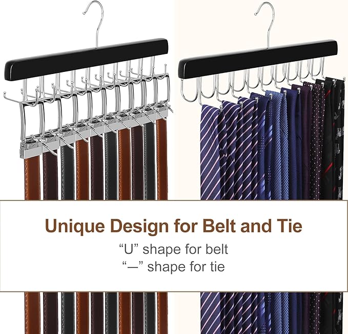 TOPIA HANGER 2 Pack 2 in 1 Belt Tie Hanger for Closet Max 60 Belts with 60 Ties Capacity, 40 Hooks Belt Tie Racks Wooden Hanger for Closet Organizer Storage “U” Fit Belt and “一” Fit Tie - CT52B