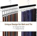 TOPIA HANGER 2 Pack 2 in 1 Belt Tie Hanger for Closet Max 60 Belts with 60 Ties Capacity, 40 Hooks Belt Tie Racks Wooden Hanger for Closet Organizer Storage “U” Fit Belt and “一” Fit Tie - CT52B