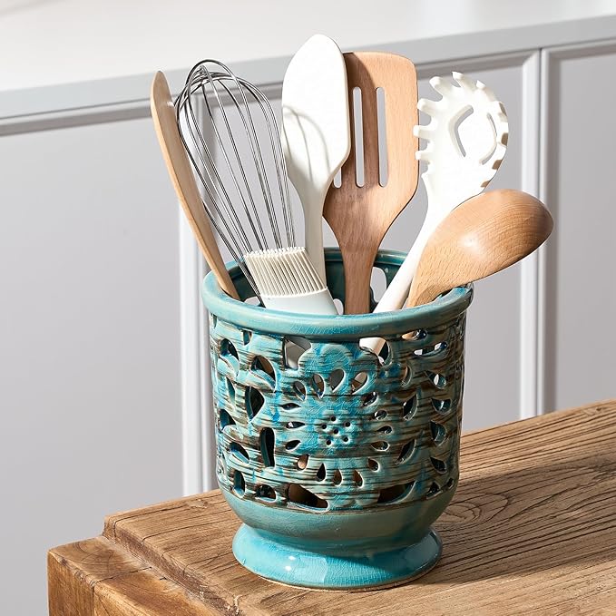 Farmhouse Kitchen Utensil Holder for Countertop, Ceramic Large Cooking Utensil Crock with Cork Mat, Hollow Carving Decorative Rustic Utensil Holder for Kitchen Counter, Antique Blue