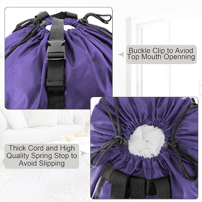 BeeGreen Laundry-Bag-Backpack-Heavy-Duty, Purple Nylon Drawstring Portable Laundry Foldable Extra Large Dirty Clothes Travel Bag with Handle College Dorm Apartment Essentials