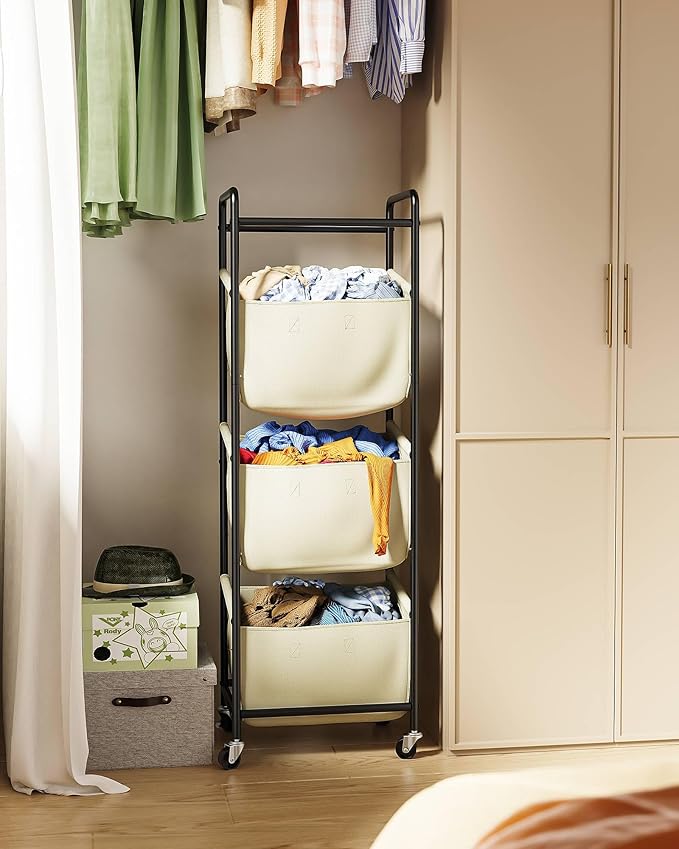 3 Section Laundry Sorter with Removable Bags, 120L Rolling Vertical Laundry Hamper, Stackable Laundry Baskets organizer for Bathroom, Apartment, Dorm (Beige, With Wheel)