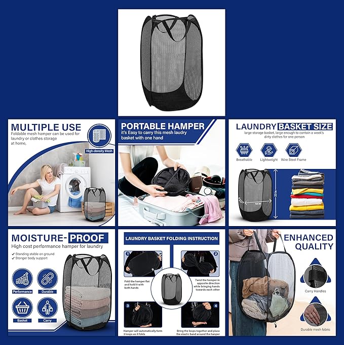 DecorRack 1 Pack Mesh Pop Up Laundry Hamper, Lightweight Foldable Clothes Basket with Easy Carry Handles, Durable Mesh Design for Air Circulation and Simple Storage, Black (1 Pack)