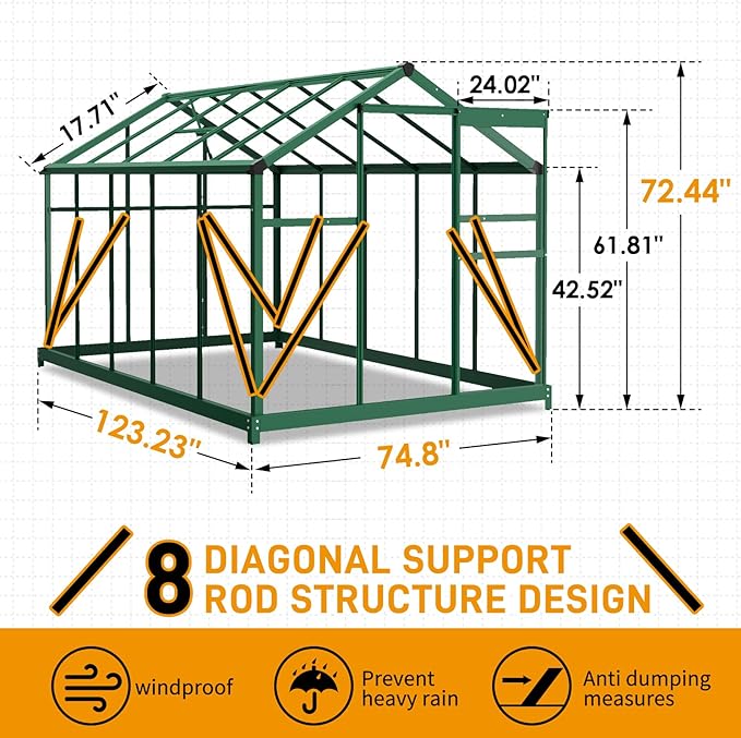 6x10 FT Greenhouse for Outdoors,Greenhouse with Roof Vent,Lockable Push Door,Aluminum Large Walk-in Green House for Outside Garden Backyard, Patio, Lawn (Green)