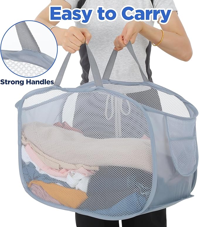 Foldable Laundry Basket Set of 4 - Popup Collapsible Design, Durable Mesh Material, Easy Carry Handles, Perfect for Home, Dorm, Travel - Beige, Navy, Black, Grey