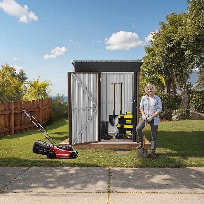 5' x 3' Outdoor Storage Shed, Sturdy Metal Building w/Floor and Lockable Doors for Garden, Backyard, Poolside and Lawn, Brown