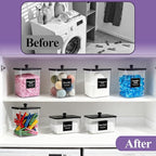 4 Pack Laundry Pods Container with Anti-slip mat, Clear Dryer Sheet Holder, Laundry Room Organization Containers with Black Wooden Lids & Labels, Laundry Detergent Holder for Scent Booster