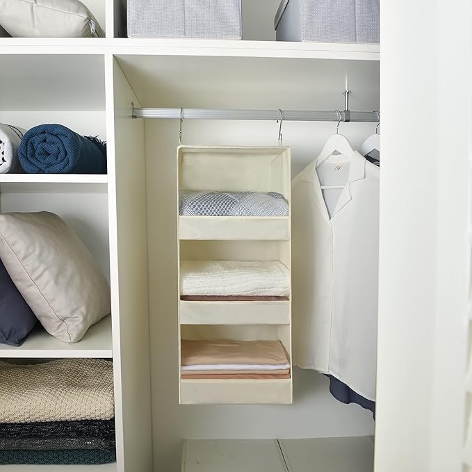 GRANNY SAYS 3-Shelf Hanging Organizer, Foldable Hanging Closet Storage, Hanging Shelves for Wardrobes & RV Closet, Beige, 29 ½" H X 12" W X 12" D, 1-Pack