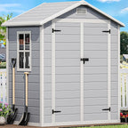 DWVO 6x4 FT Resin Storage Shed with Reinforced Floor, Outdoor Storage Shed with Lockable Door, Window and Vents, Waterproof Plastic Tool Storage for Garden, Backyard, Patio, Lawn
