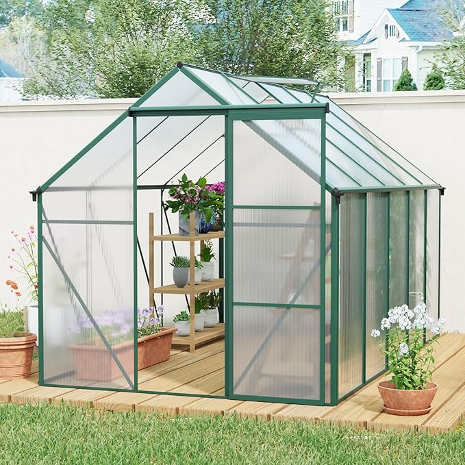 6X10FT Greenhouse for Outdoor, Polycarbonate Greenhouse with Raised Base and Anchor, Heavy-Duty Walk-in Green House with Adjustable Roof Vent and Gutter System for Patio,Backyard (Green, 6X10FT)