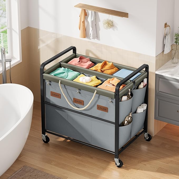 Tajsoon 350L Extra Large Laundry Cart 6 Section, Heavy Duty Laundry Sorter with Lockable Wheels, Laundry Basket with Sturdy Metal Frame, Leather Patchwork Laundry Separated with Removable Bags, Grey