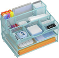 Docnest 3 Tier Mesh Desk Organizer for Paper Office Supplies – Multi-Functional Letter Tray with 5 Adjustable Compartments, 3 Pen Holders, Desktop Storage for Files, Mail, Stationery – Blue