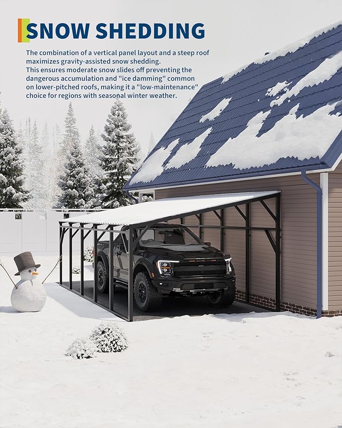Garvee 12x25 ft Lean-to Metal Carport, Vertical Roof Wall-Mounted Car Port for Snow Shedding, Heavy-Duty 19-Ga. Steel Frame, 107" to 78" Height for Long-Bed Pickup & SUV