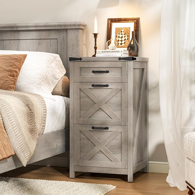 3 Drawer Small File Cabinet, Farmhouse Vertical Filing Cabinet Fits Letter/A4 Size, Wooden File Cabinets Printer Stand for Home Office, Living Room, Rustic Grey