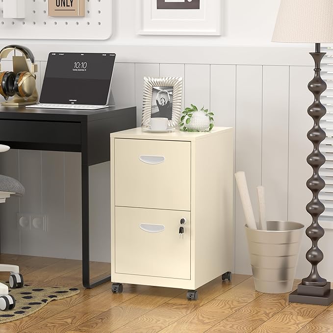 2 Drawer File Cabinet with Lock，Cream Rolling File Cabinet for Home Office, Metal Small Mobile Filing Cabinets on Wheels for Hanging Letter