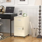 2 Drawer File Cabinet with Lock，Cream Rolling File Cabinet for Home Office, Metal Small Mobile Filing Cabinets on Wheels for Hanging Letter