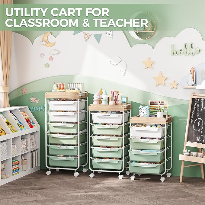Utility Cart with Drawers,Craft Cart with 5 Drawers,Art Supply Organizer,Rolling Drawer Cart,Craft Storage Cart,Storage Drawer Carts With DIY Lable and Wooden Tabletop Area,Green