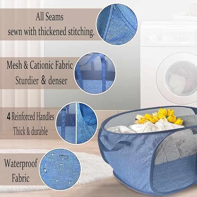 Extra Large Mesh Pop Up Laundry Hamper, 100L Collapsible Laundry Basket, Dirty Clothes Hamper with Reinforced Handles, Storage Bins for Shelves, Dorm or Home Portable Stair Laundry Basket. Blue