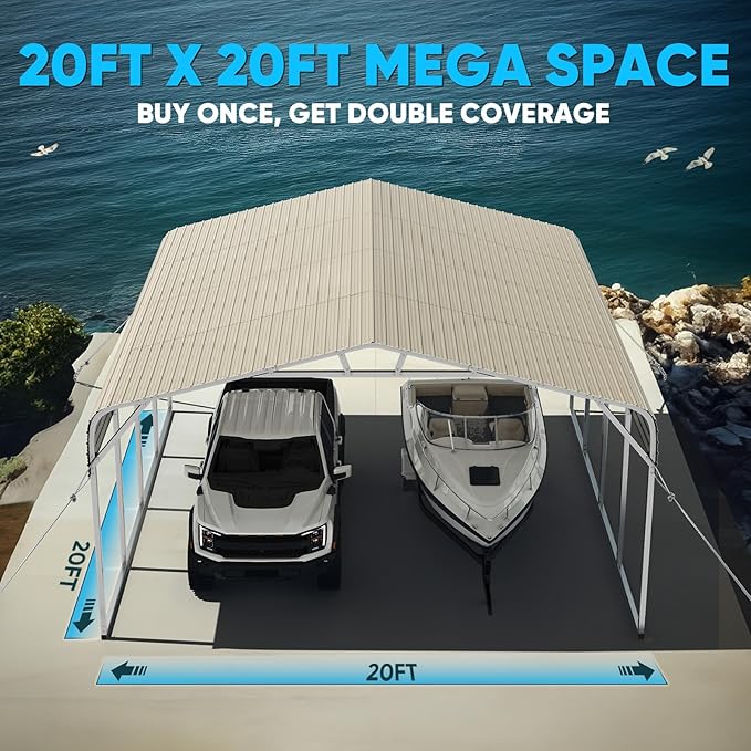Quictent 20x20 ft Metal Roof 2 Car Carport Kits Hard Top Garage Heavy Duty Steel Car Canopy, White