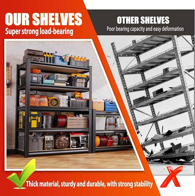 Set of 2 78"H Garage Shelving-2050 lbs 5 Tier Storage Shelves,Adjustable Heavy Duty Metal Shelving Unit and Storage Large Rack,Utility Steel Shelf for Warehouse Industrial Pantry -78"x46"x20",Black