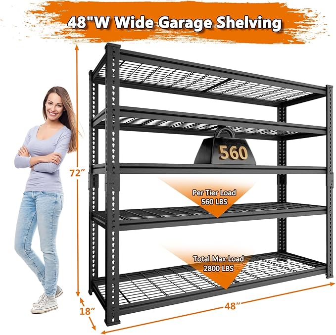 Storage Shelves Heavy Duty, 2 PCS 48" L x 18" W x 72" H Garage Wire Shelving Unit Loads 2800LBS, 5-tier Adjustable Metal Industrial Utility Shelf Rack for Kitchen, Laundry Room, Warehouse, Basement