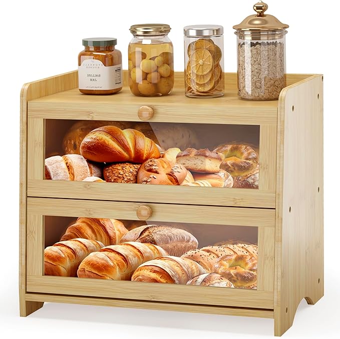 Double Layer Bread Box for Kitchen Countertop, Large Breadbox Bread Container Storage with Acrylic Door, Wooden Farmhouse Bread Holder (Bamboo, Medim-15.7" L x 9.5" W x 13" H)