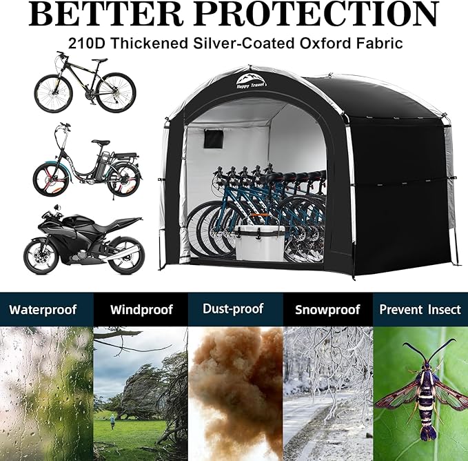 Happy Travel Bike Storage Tent Shed, Outdoor Waterproof Bicycle Covers Shelter with Window for 2/3/4/6/8 Bikes,Oversized Outside Portable Sheds for Lawn Mower,Garden Tools