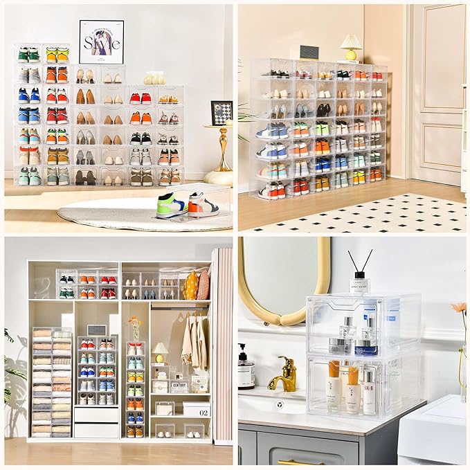 12 Pack Thicken & Sturdy Clear Shoe Storage Organizer with Magnetic Door, Shoe Boxes Clear Plastic Stackable for Closet, Shoe Rack for Sneaker Boot Container, Shoe Cabinet Fit up to US Size 12