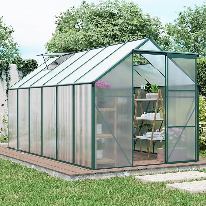 6X10FT Greenhouse for Outdoor, Polycarbonate Greenhouse with Raised Base and Anchor, Heavy-Duty Walk-in Green House with Adjustable Roof Vent and Gutter System for Patio,Backyard (Green, 6x12 FT)