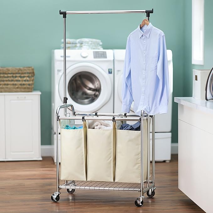 Household Essentials 3-Bag Laundry Sorter with Clothes Rack, Silver, Lightweight, Removable, Sturdy