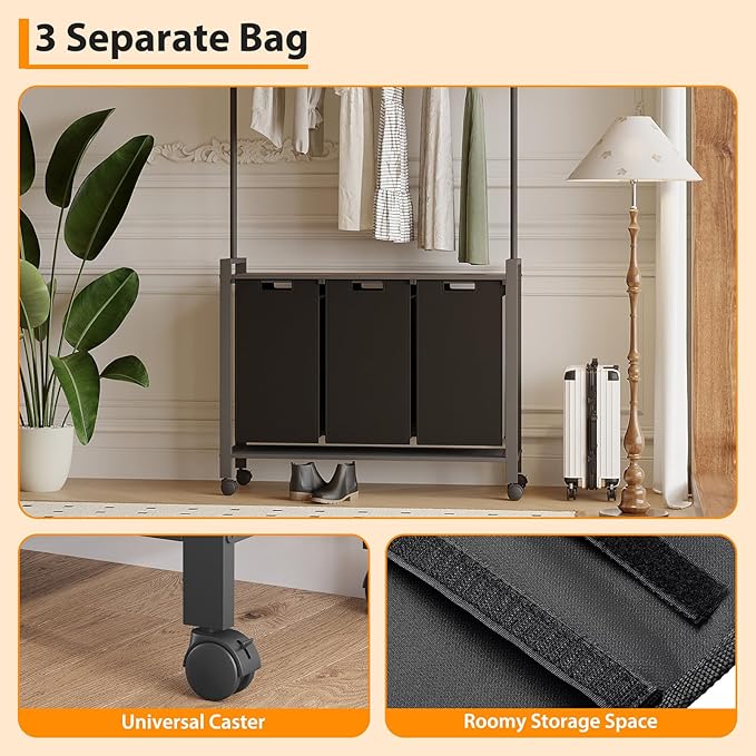 Laundry Sorter Cart with Extendable Hanging Rod, Compact 3 Section Laundry Hamper On Wheels for Apartments, Rolling Laundry Organizer, Dirty Cloth Hamper for Bathroom Laundry