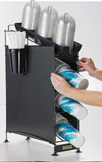 San Jamar Wireworks Cup and Lid Dispenser Fits 8 - 44 Oz. Cups, 4 Tiers with Suction Cup Feet for Restaurants, Fast Food, And Kitchens, Plastic, 8.25 X 21.25 X 28 Inches, Black