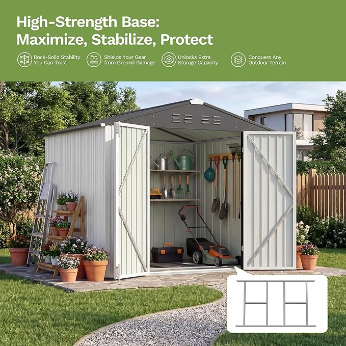 Devoko 8 x 6 FT Metal Storage Shed with Floor Frame Waterproof Garden Tool Shed with Lockable Door, Outdoor Shed Storage House for Backyard Patio Lawn, White