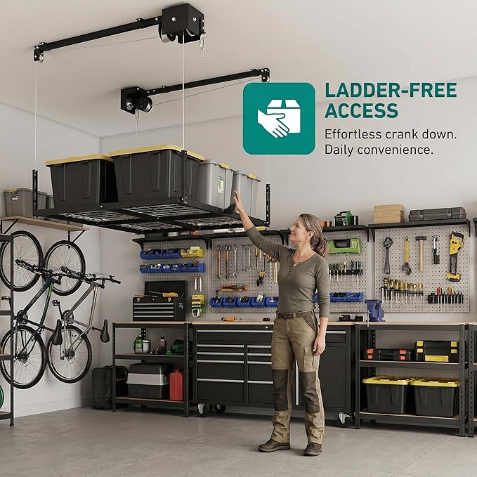 4x8 FT Overhead Garage Storage Rack for Ceilings, Heavy-Duty Metal Adjustable Ceiling Storage Racks with Safety Lock, 270LBS Mounted Rack, All-Steel Garage Organizer (4x8 FT)