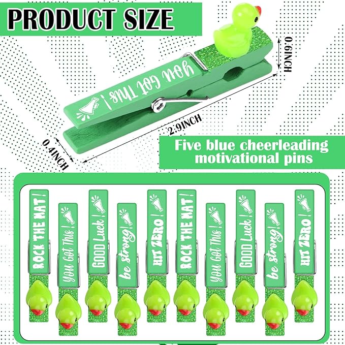 Kigeli 30 Pcs Spirit Clips Cheer Pins Cheerleader Gifts Clothes Pins for Backpacks Competition Glittered for Team Cheer Gifts Stuff Supplies Party Favors Accessories Bulk(Green,Duck)