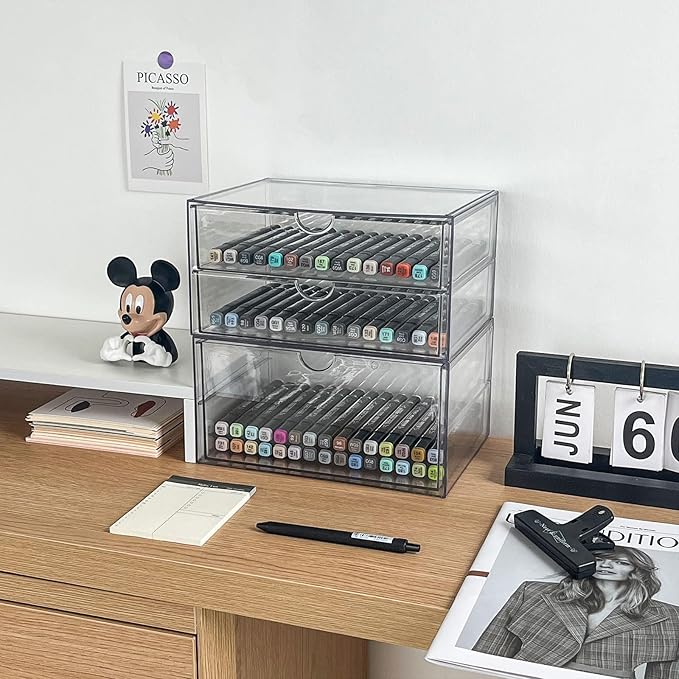 Clear Desk Drawer Organizer, 2 Pack Plastic Home Office Accessories Storage Box for Marker, Cards, Stationery, Crafts, Makeup, Bathroom Supplies, Coffee Pods, Pet Snacks (3 Drawers)