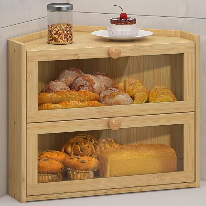 Bamboo Corner Bread Box for Kitchen Countertop, Large Bread Container Storage Bamboo Wooden Farmhouse Bread Box with Window Bread Holder