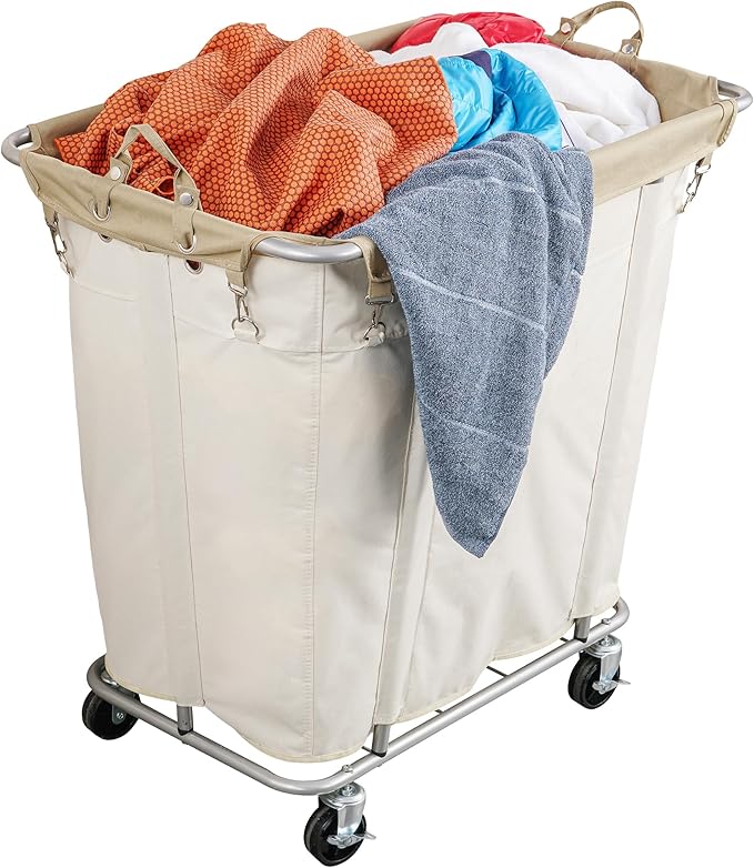 PLKOW Laundry Cart with Wheels 320L Large Rolling Laundry Cart for Commercial/Home, Rolling Laundry Basket with Steel Frame and Waterproof Lining, 9 Bushel, 32.3L x 19.7W x 30.7H Inch, Beige