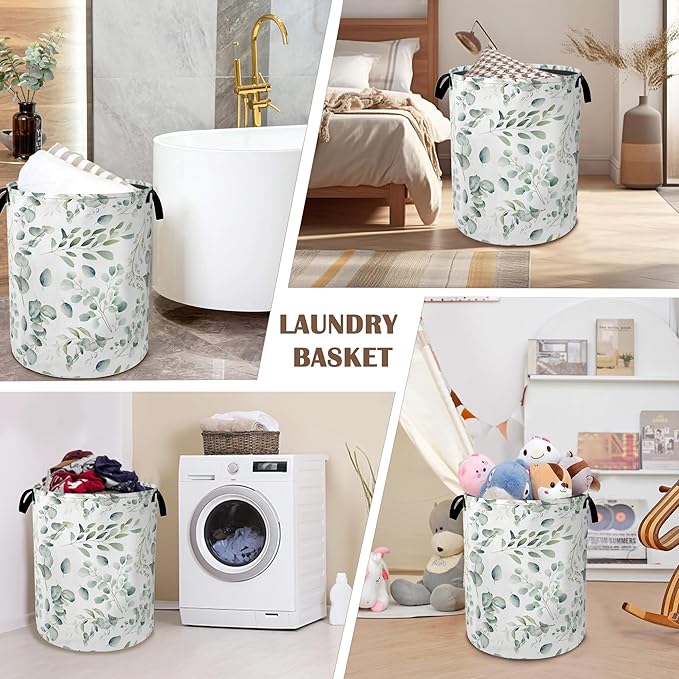 Green Eucalyptus Collapsible Laundry Baskets,Leaves Branches Laundry Hamper,Storage Basket with Handles for Bathroom Bedroom College Dormitory Living Room Nursery Organizer 16"x20"