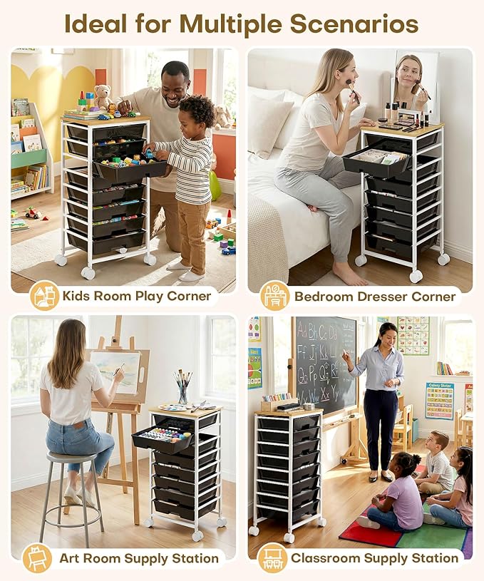 Homde Rolling Storage Drawer Cart: 8-Drawer Sort to Clear Desk & Dresser Clutter - Anti-Fall Smooth Glide Prevents Spill-Out During Daily Grab - Lockable Wheels Keep It Steady