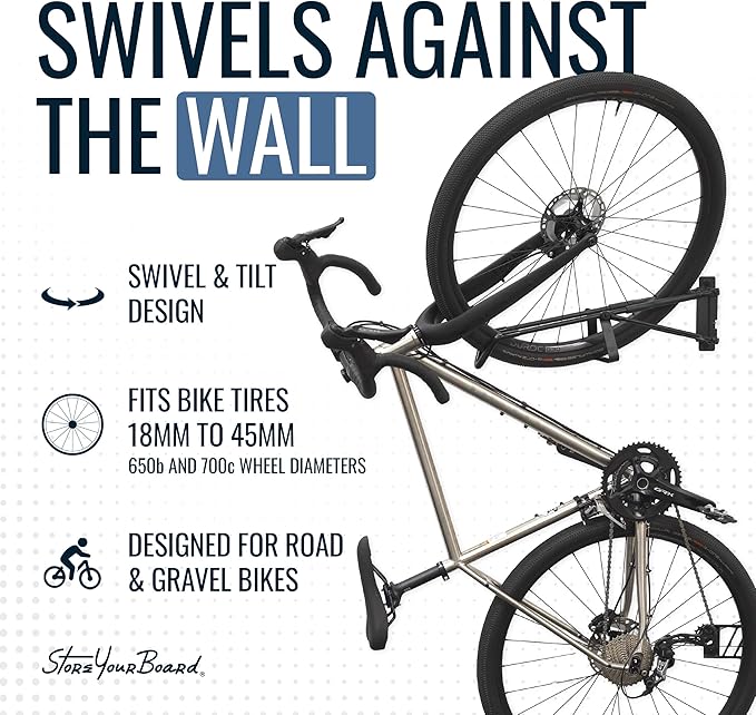 StoreYourBoard SwivelStow Bike Rack Garage Storage Rack 4 Pack - 2 MTB & 2 Road & Gravel Bike Wall Mounts - Heavy Duty Bike Hanger - No-Lift Bike Rack Garage Storage Rack - Holds 70 lb Capacity