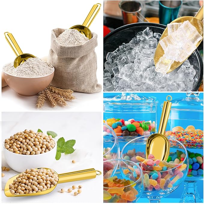 Zhehao 8 Pcs Metal Ice Scoop 6 oz Stainless Steel Ice Scooper for Ice Maker Kitchen Freezer Bar Wedding Party Small Scoops for Pet Animal Dog Food Candy Scoop Beach Shovel (Gold)