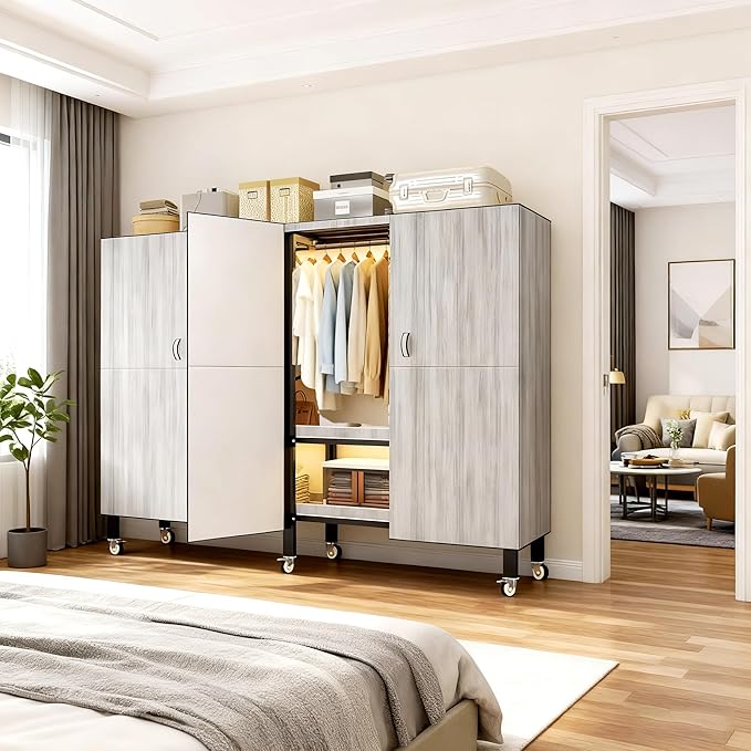 Heavy Duty Portable Closet with Cover Magnetic Doors, Metal Rolling Clothes Rack Heavy Duty 1500LBS, Foldable Clothing Rack, Garment Racks for Bedroom/ LivingRoom/ Rental (KT Woodgrain Gray, 49.21in)