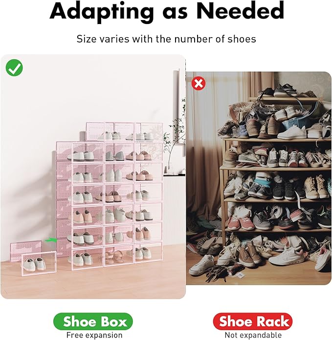Shoe Storage Box, 15 Pack Clear Plastic Stackable Shoe Organizer for Closet, Interlocking Design Shoe Container Bins for Sneakers, Foldable Shoe Rack with Lids, Pink
