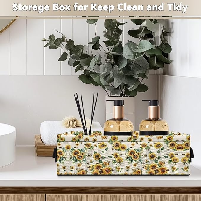 Multi-purpose Storage Basket Small Storage Bins Collapsible Rectangular Toilet Paper Basket Organizer for Bathroom Bedroom Kitchen Office Organization, Sunflower Bee