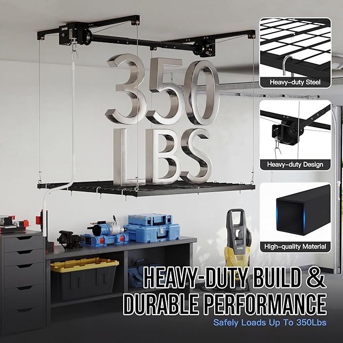 4x4 ft Overhead Garage Storage Rack, Adjustable Heavy Duty Hanging Garage Ceiling Storage Rack System, 300 Lbs Weight Capacity